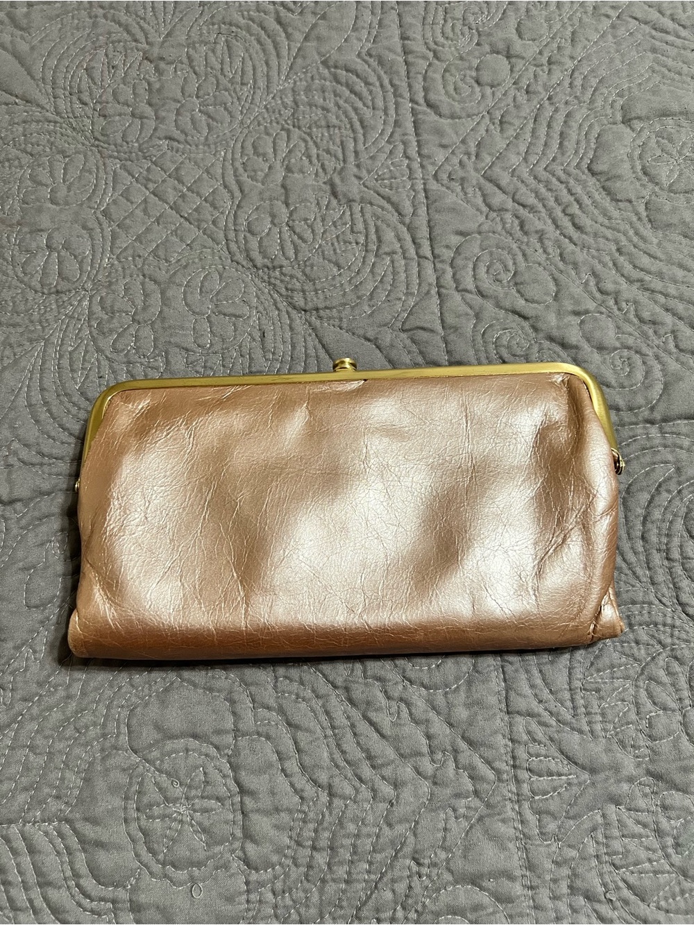 HOBO Lauren Clutch Wallet Metallic Sand Shimmer Rose Gold Leather EUC
